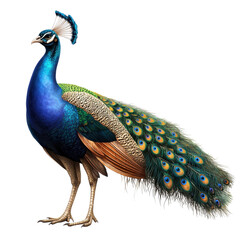 Obraz premium Vibrant and Majestic Peacock Standing Proudly with Colorful Feathers Displaying Shades of Blue, Green, and Bronze Against a Clean Background