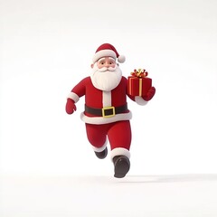 Fototapeta premium A running cartoon shape Santa Claus with gift on santas hand isolated on a white background