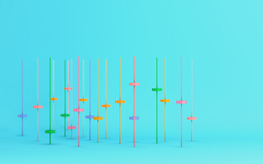 Minimalist abstract equalizer with colorful sliders on cyan background in pastel colors. Minimalism concept