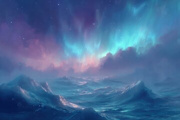 Fototapeta premium Majestic aurora borealis paints the night sky above a turbulent ocean landscape, creating a breathtaking and ethereal scene of natural beauty and wonder, full of color.