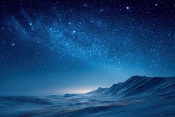 Naklejka premium A mesmerizing view of a starry night sky illuminating a snowy mountain range, creating a serene and picturesque landscape, perfect for winter wonderland photography.