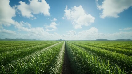 Naklejka premium Lush sugarcane field, sunny day, hills background, agriculture
