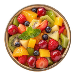 Fresh fruit salad in a bowl with colorful tropical mix and juicy texture, PNG, isolated on transparent background .