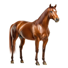 Naklejka premium Majestic brown horse standing gracefully against a white background showcasing its smooth coat and strong physique, perfect for equine-related projects and designs.