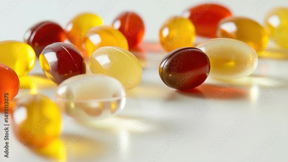 Poster a bunch of multicolored pills are scattered on a white background. the pills are of different colors