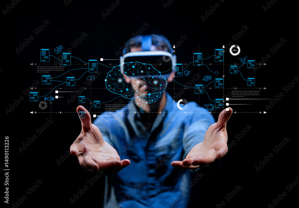 Poster young man wearing virtual reality headset gestures toward digital interface with interconnected data