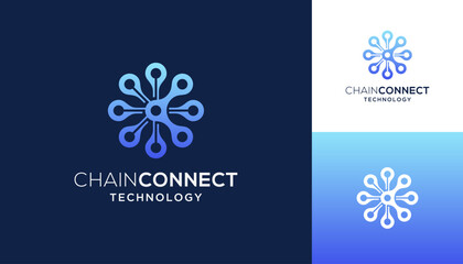 Letter C link chain with circular molecule rotation technology vector logo design inspiration.