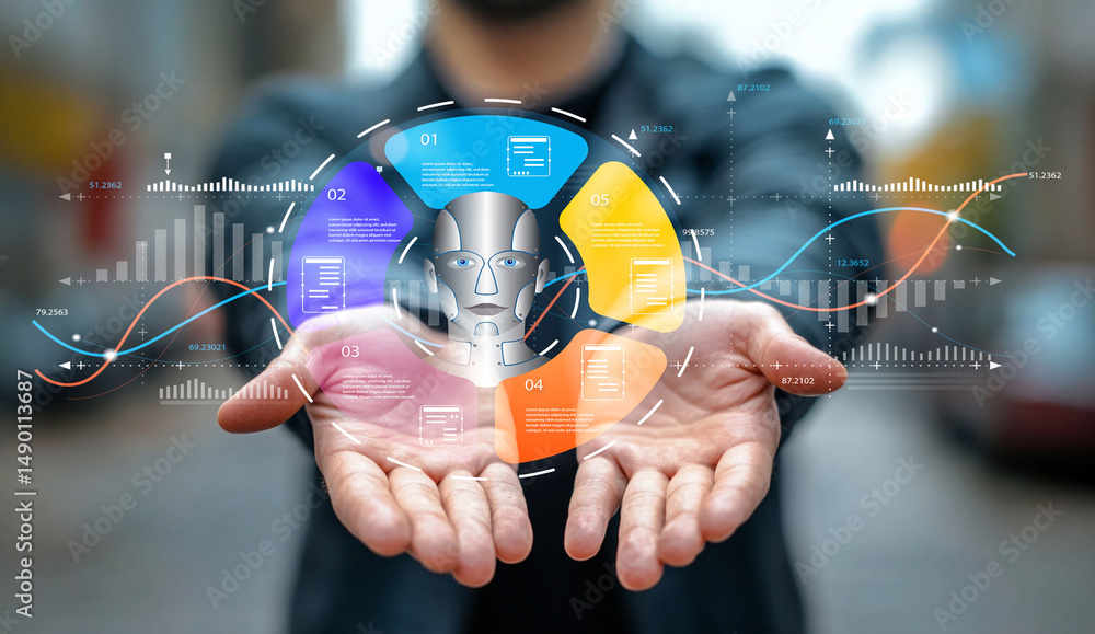 Poster human hands holding digital interface with business statistics and data analytics visuals in modern 