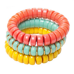 Obraz premium Stacked colorful beaded bracelets with gold accents are beautifully arranged, isolated on transparent background