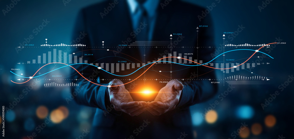 Poster businessman holding digital data visualization with graphs and charts representing financial growth 