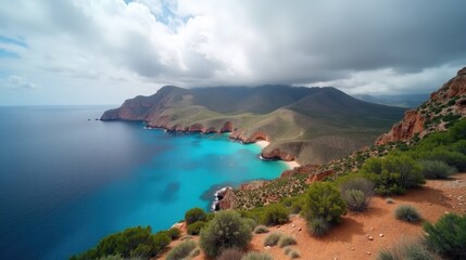 Fototapeta premium Cloudy skies cast soft shadows over the Cabrera Archipelago, seen in panoramic perspective at midday.