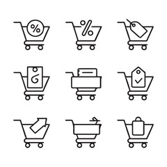 Cart Discount & Coupon Icon Set. Shopping Cart Icons Representing Different E-commerce Actions
