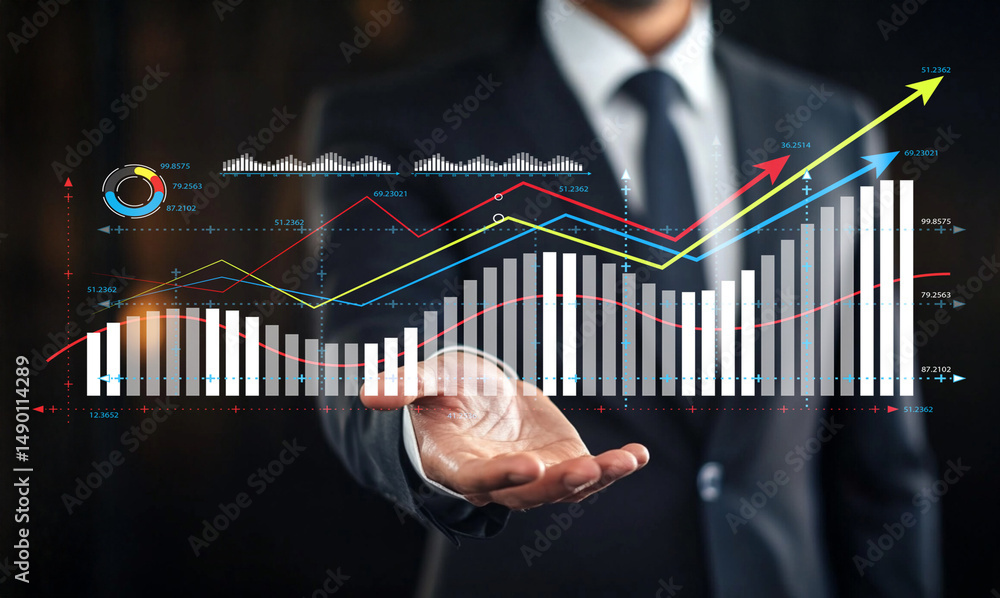 Aufkleber businessman presenting interactive financial growth graphs with diverse color trends and annotations