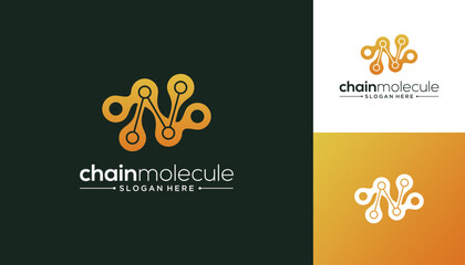 Letter N with link chain and molecule vector design inspiration. Dot connection logo template.