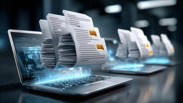 Digital Documents Unleashed: A high-tech array of laptops showcases files soaring from their screens, representing the seamless flow and accessibility of digital documents in the modern era.