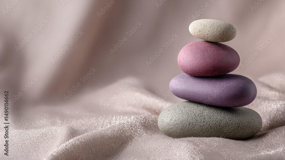 Poster stack of smooth stones on neutral fabric background creating a soft and tranquil atmosphere