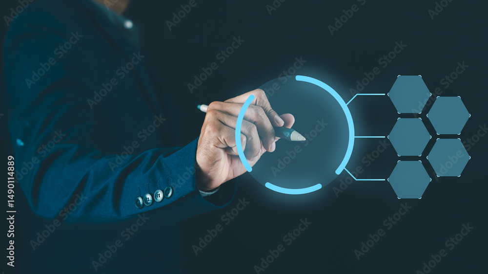 Poster a person in a suit interacts with a virtual interface, touching a digital screen with futuristic hex