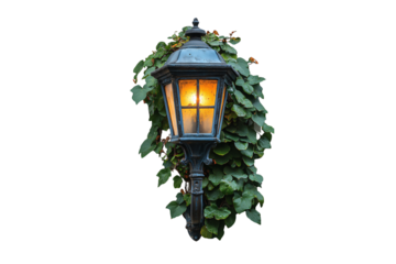 A vintage wall lantern glowing warmly, surrounded by lush green leaves and vines, isolated on a transparent background