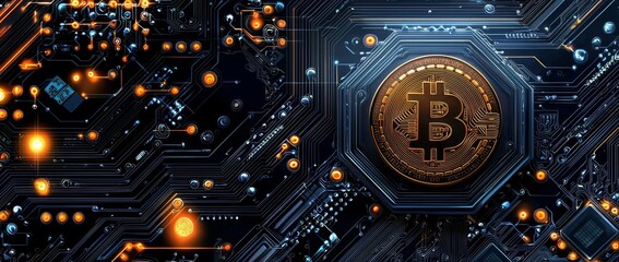 A close-up of a circuit board featuring bitcoin symbols.