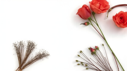 A floral frame or border design with red spray roses and dried grasses on a white background with copy space.