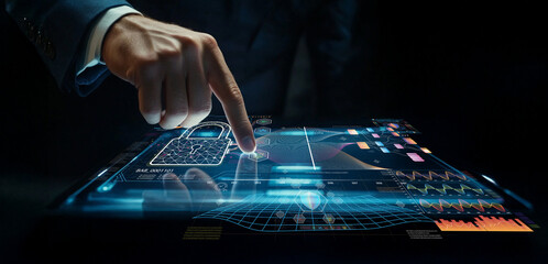 Futuristic Businessman Interacting with Holographic Data Security Interface on Touchscreen Display in Dark Environment