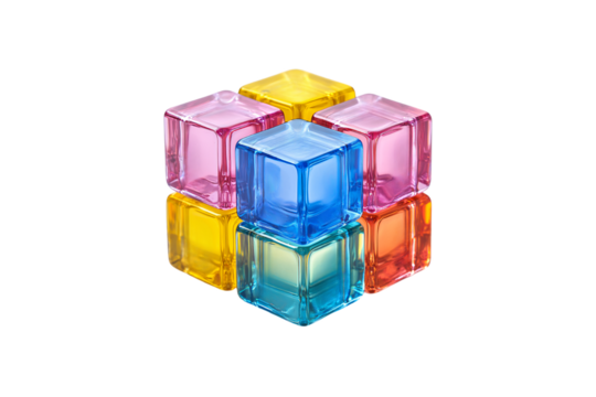 Arrangement of translucent colored cubes in pink, blue, yellow and orange forming cohesive structure, isolated on a transparent background