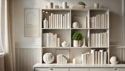 Fototapeta premium Elegant Neutral Home Decor Books White Pottery and Stylish Shelving