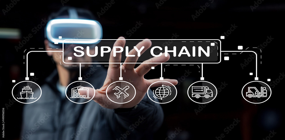 Poster modern supply chain management utilizing virtual reality technology for enhanced logistics and real-