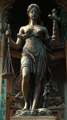 Obraz premium Bronze statue of justice holding scales and a sword.