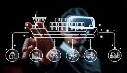 Innovative virtual reality concept for logistics management showcasing a person interacting with a digital cargo ship and supply chain icons