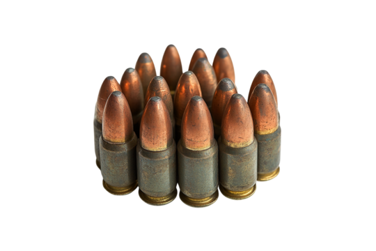 Collection of ammunition rounds with copper tips in circular arrangement, isolated on a transparent background