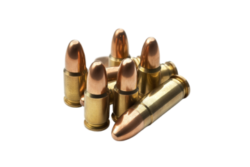 Copper-tipped brass bullets arranged in a small pile, isolated on a transparent background