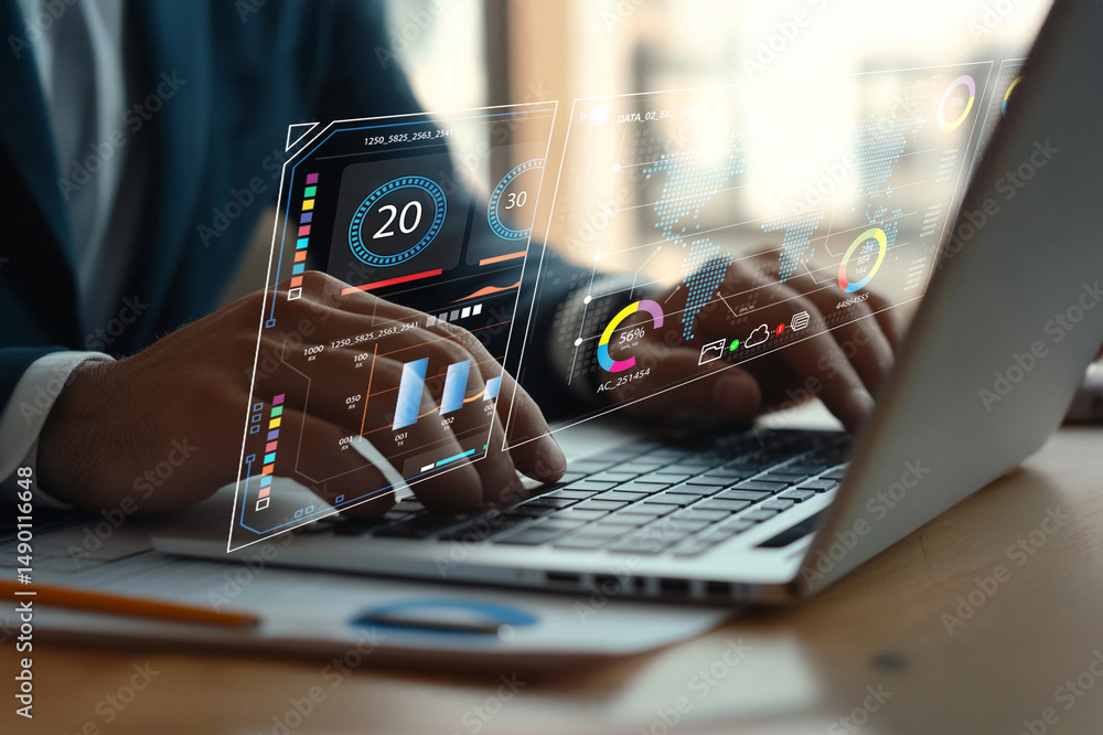 Poster business professional analyzing digital graphs and data visualizations on laptop in modern office en