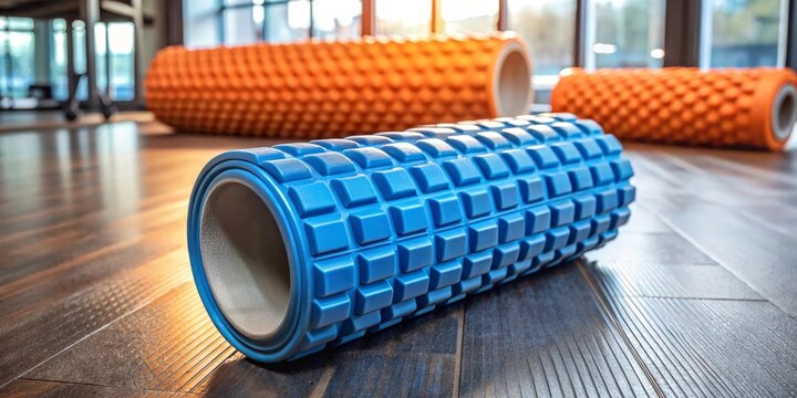 A close-up view of a blue foam roller for muscle recovery and rehabilitation, resting on a hardwood floor in a fitness center, with additional orange foam rollers softly blurred in the background.