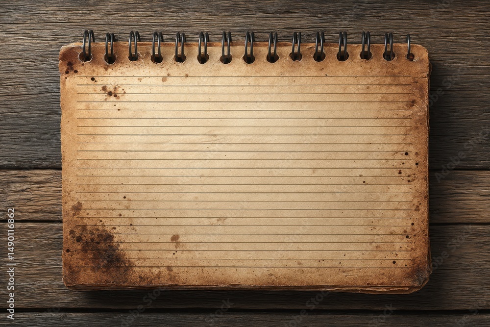 Poster an aged, spiral-bound notebook with stained paper, placed on a rustic wooden surface, creating a nos