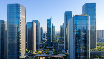Modern Glass High-Rise Business District Skyline with Reflective Towers and Pedestrian Plaza under Clear Blue Sky