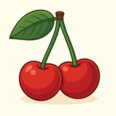 Two Red Sweetcherry with Stems and Leaf