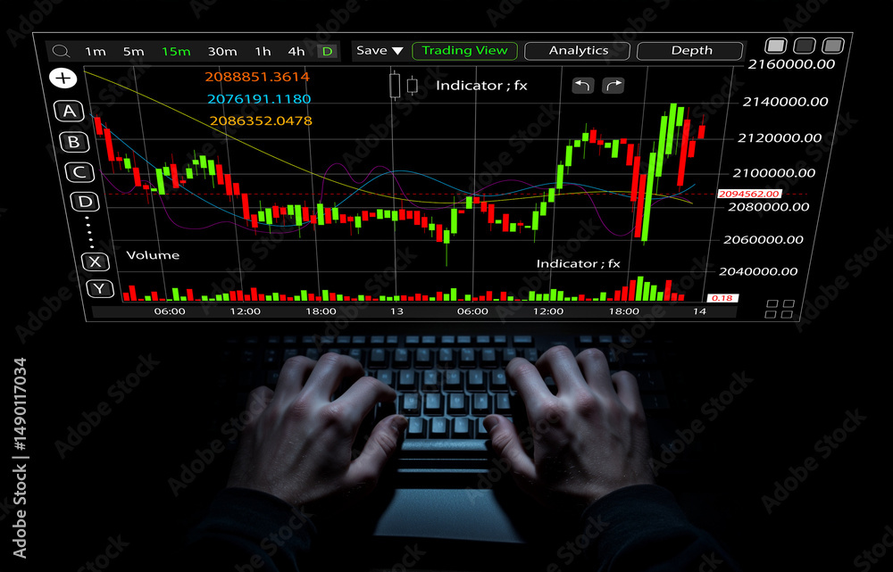 Aufkleber hands typing on keyboard with financial chart showing market trends and data analytics in dark envir