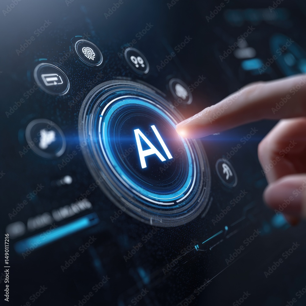 Poster hand activating ai button on futuristic dashboard