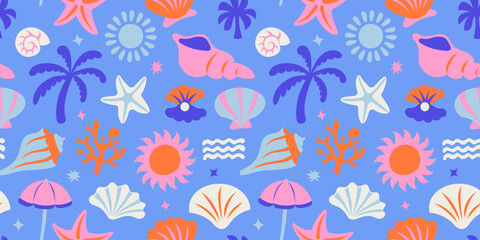 Vector seamless pattern with hand drawn elements, sea, ocean and vacation vibe, abstract cartoon background for textile, wallpaper, stationery, decorative gift paper, banners and prints