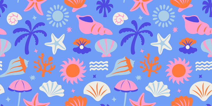 Vector seamless pattern with hand drawn elements, sea, ocean and vacation vibe, abstract cartoon background for textile, wallpaper, stationery, decorative gift paper, banners and prints