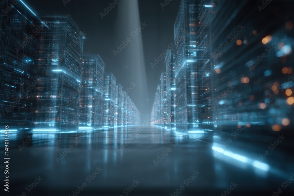 Aufkleber abstract futuristic digital city with glowing lines and light beams illuminating the skyline, creati