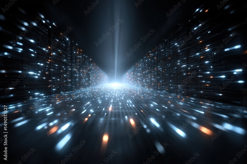 Poster an abstract digital corridor with moving glowing particles, representing data flow, artificial intel