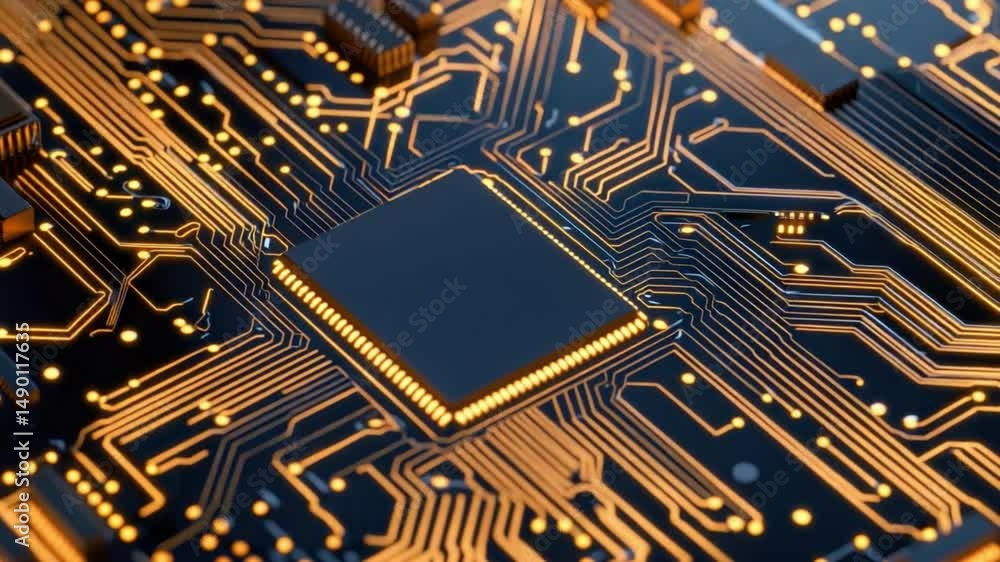 Aufkleber intricate close-up of modern circuit board with gold lines and microchip technology for digital back
