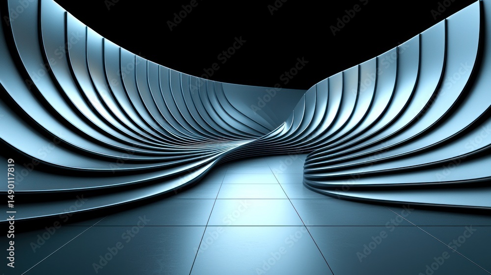 Poster abstract metallic structure with curved, layered walls forming a dynamic, enclosed pathway. reflecti