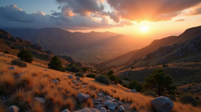 Cloudy dawn over Sierra de Enguera with soft light and panoramic mountain scenery.