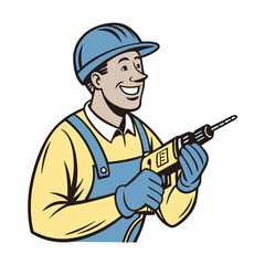 A Cartoon Construction Worker Ready with Corded Drill Tool