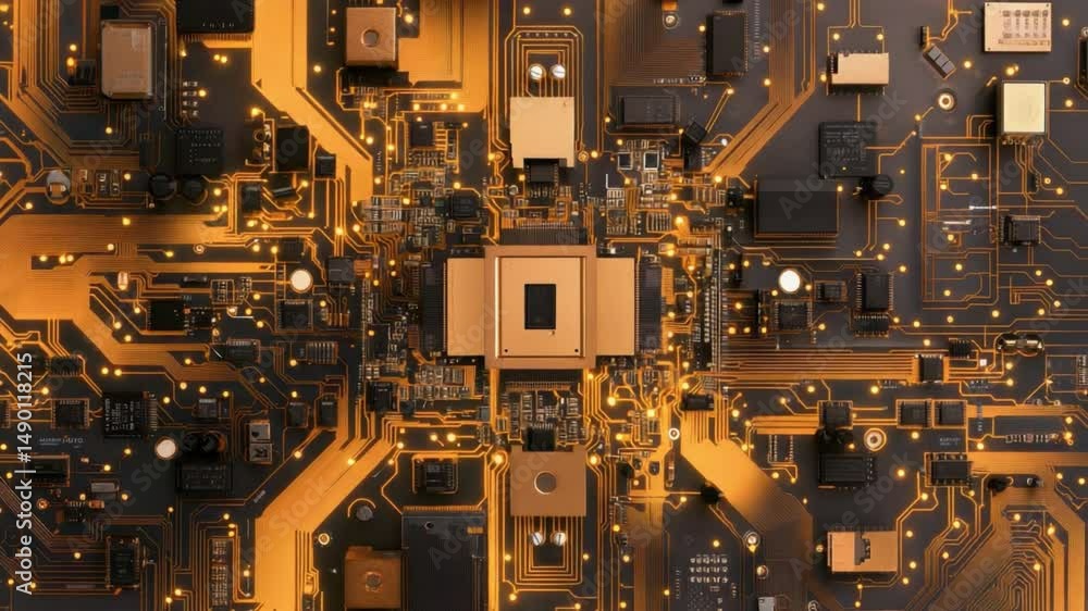Poster abstract close-up of a complex golden circuit board with elegant lines and components, digital techn