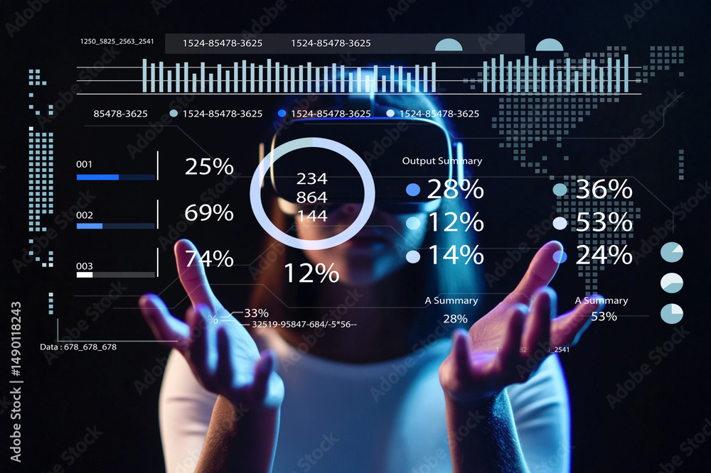 Poster young woman interacting with futuristic virtual reality display showcasing data analysis and statist