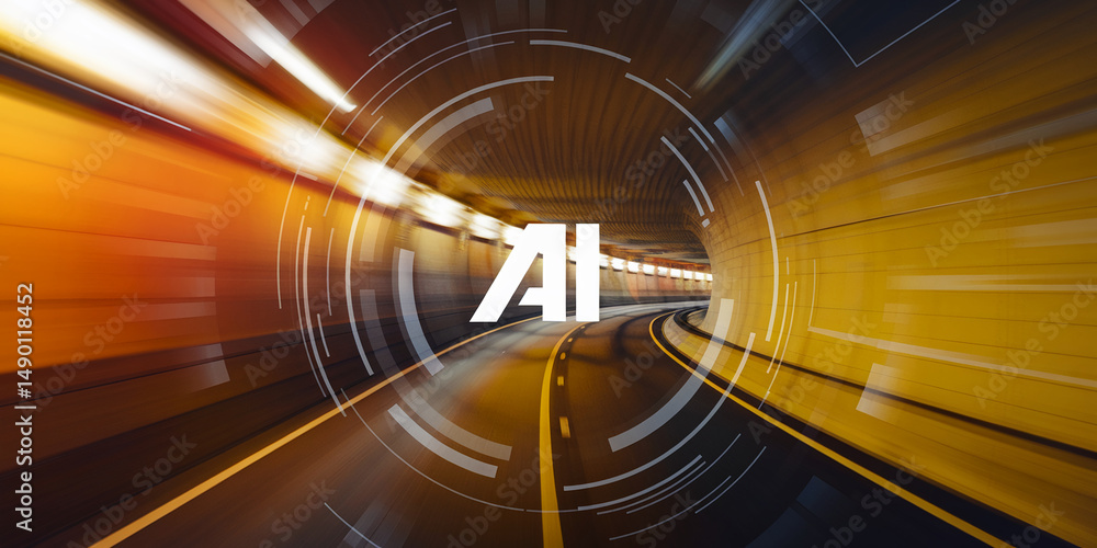Poster motion blur image of a road inside a tunnel, with the letters ai overlaid, symbolizing rapid technol